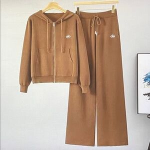 ALO Yoga Brown Zip Hoodie & Wide Leg Sweatpants Set